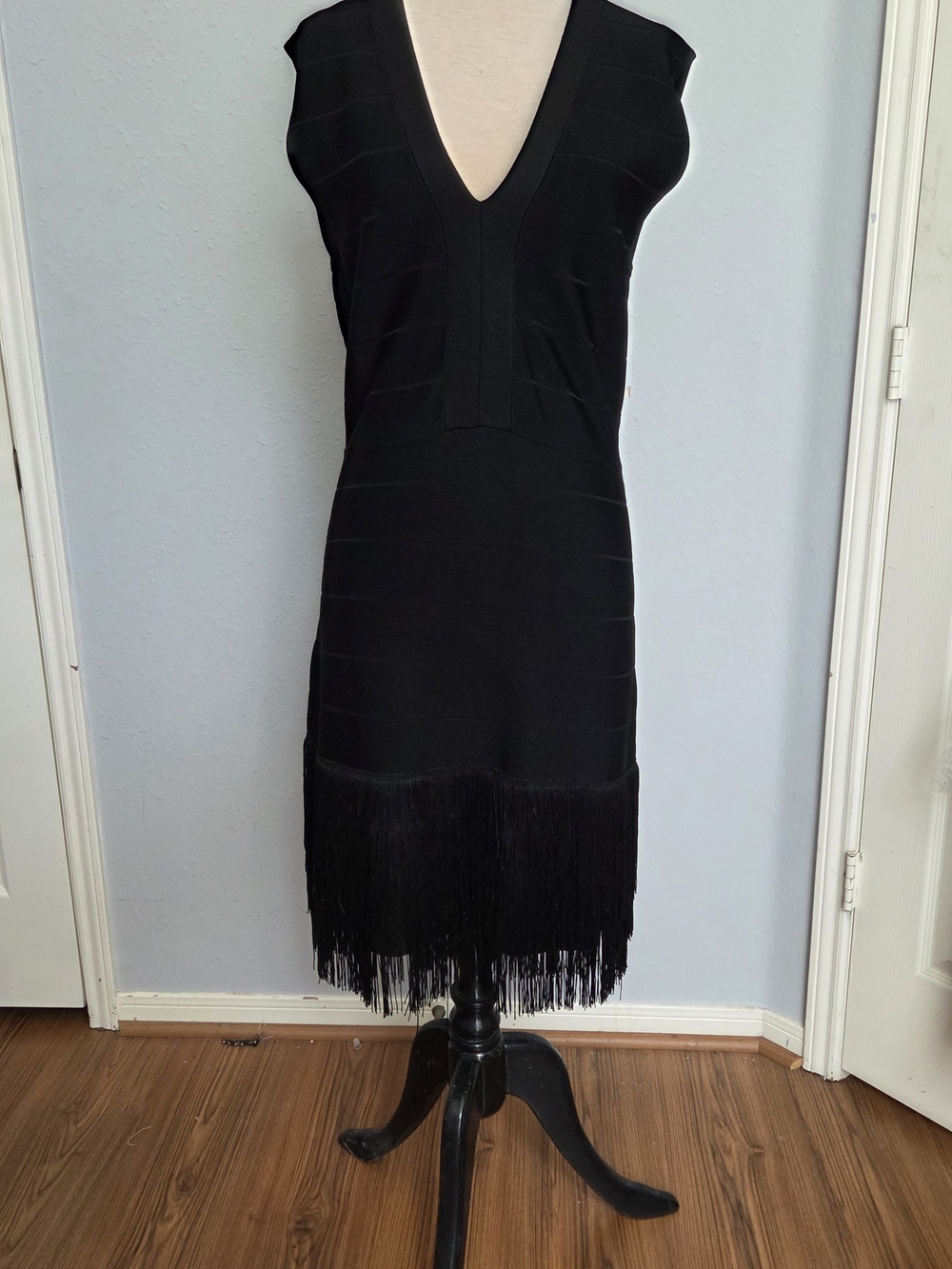 VENUS Black V-Neck Fringe Midi Dress
